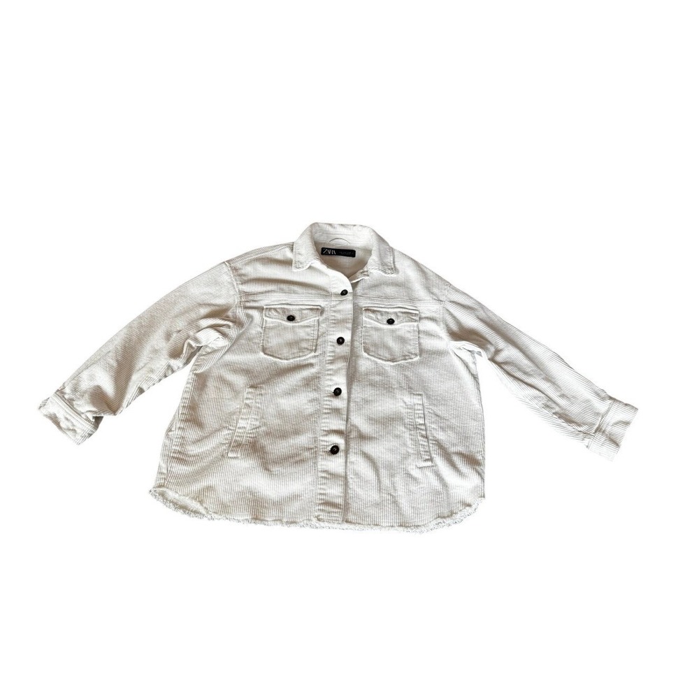 Zara Women White Corduroy Oversized Shirt Jacket Raw Hem Shacket Pockets SZ S